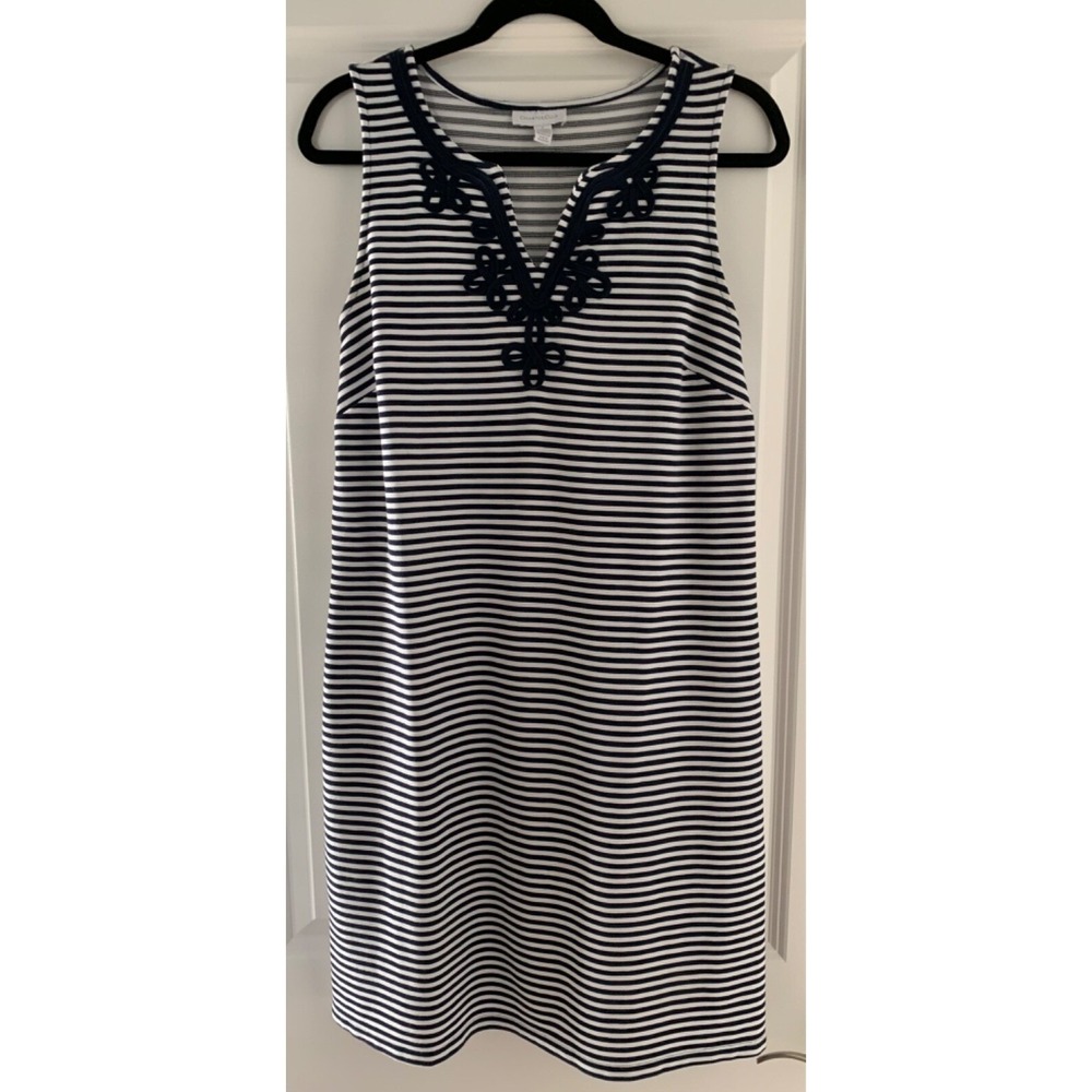 Charter Club Shift Striped Sleeveless Stretch Navy White Dress Sz L  0042